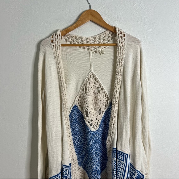 Kaisely Knit Cardigan Fringe Open Front Ivory Blue Pattern Long Sleeve Size S - Picture 7 of 9